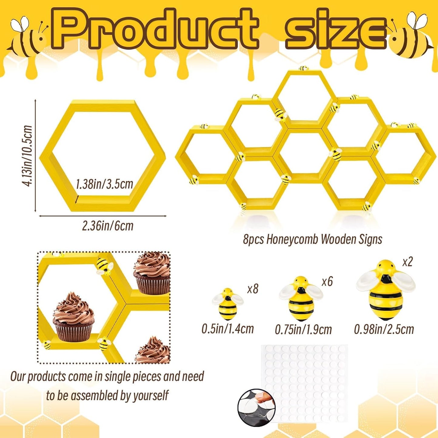 8 Pcs 4.13 Inch Honeycomb Cupcake Stand Cake Farmhouse Hexagon Display Holder Hexagonal Wood Cupcake Stand Floating Table Sign with Wooden Bee for Wedding Baby Shower Birthday Party Table Decorations