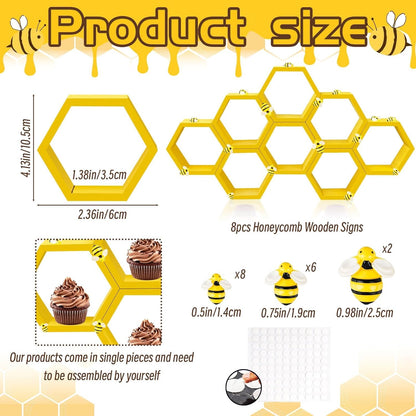 8 Pcs 4.13 Inch Honeycomb Cupcake Stand Cake Farmhouse Hexagon Display Holder Hexagonal Wood Cupcake Stand Floating Table Sign with Wooden Bee for Wedding Baby Shower Birthday Party Table Decorations