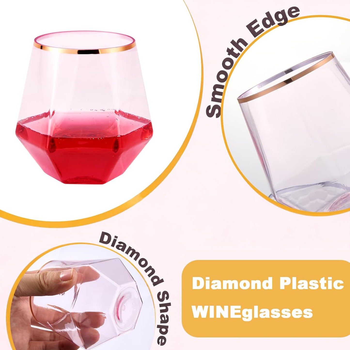 Goodluck 40 PCS Diamond Stemless Plastic Wine Whiskey Glasses, 12 Oz Disposable Cocktail Glasses, Suitable for Weddings, Birthday Parties, Family Gatherings, Bars, etc （Gold rimmed cups）