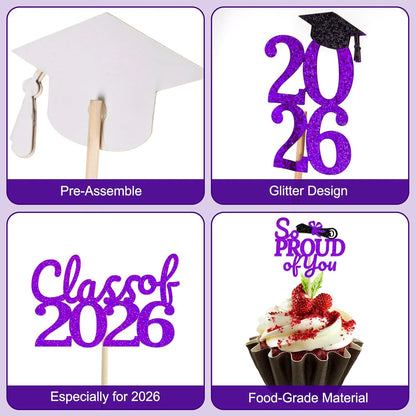24 Pcs Graduation Cupcake Toppers 2026 - Congrats Grad Decorations Class of 2026, Pre-Assembled Black Gold Grad Cake Topper Centerpieces for Graduation Party Decoration Supplies Table Decor, 6 Styles