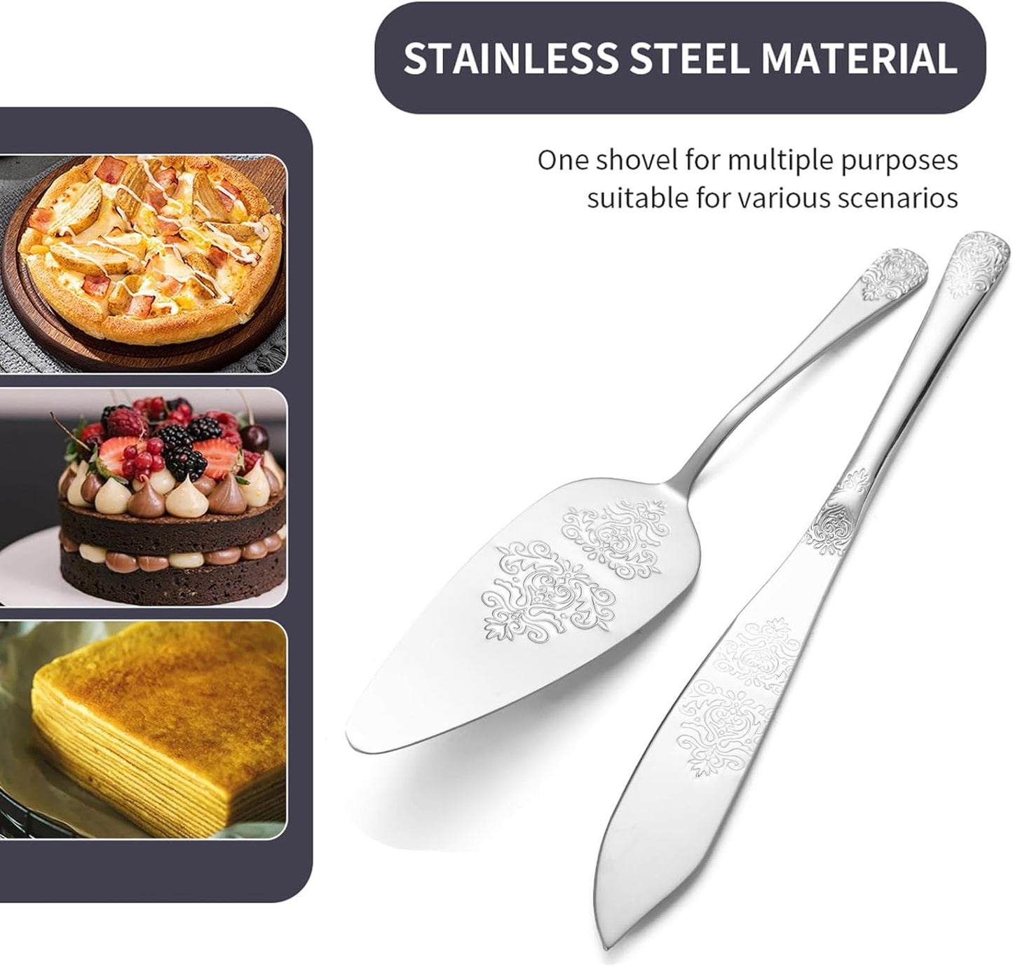 Cake Cutting Set for Wedding, Elegant Cake Knife and Server Set with Thickened Stainless Steel Rounded Edges, Cake Cutter Pie Spatula for Birthday Anniversary Christmas 2 Pcs Silver