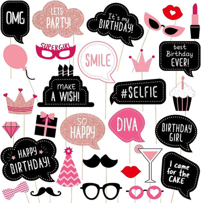 Birthday Photo Booth Props for Women or Girls,30pcs Rose Gold Glitter Funny Selfie Props for Bday Party Decoration Supplies