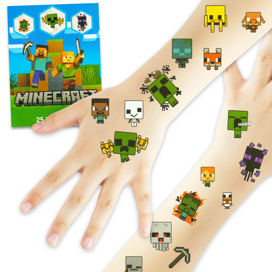 25pcs Minecraft Temporary Tattoos for Teen, Cool Birthday Party Favors, Cute Video Game Cartoon Decoration Sticker Gifts for Adult Home Activity Class Prizes Carnival Christmas Rewards