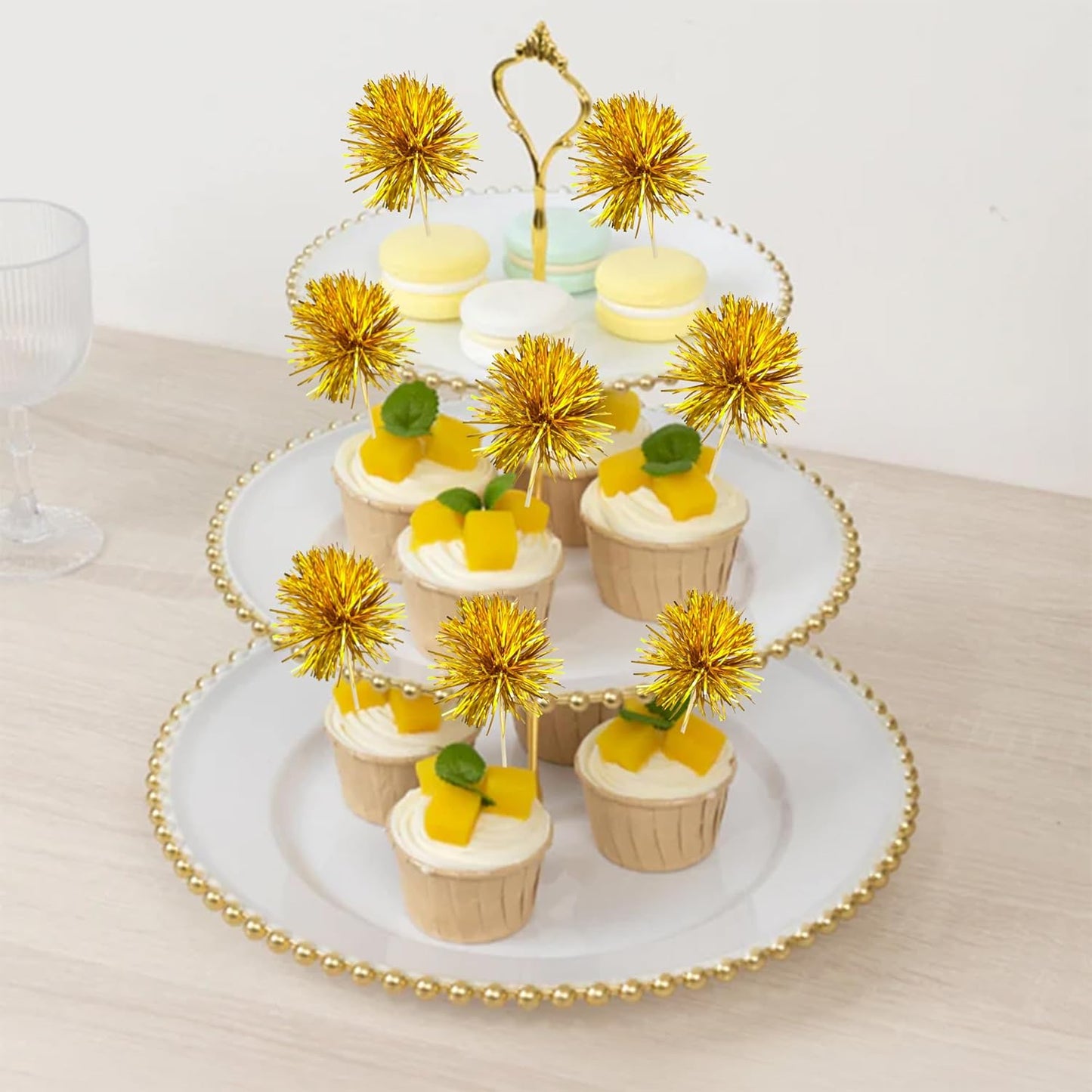 Ephlyn 30Pcs Foil Firework Cupcake Toppers Sparkle Tinsel Cupcake Picks Drink Stirrers Cocktail Food Fruit Toothpicks for Baby Shower Graduation Party Supplies White