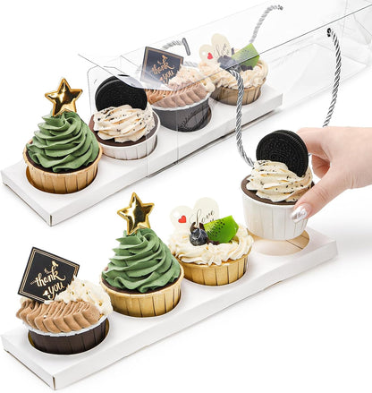 Coloch 24 Pack Clear Cupcake Box with Handle, 12 x 3 x 3 In 4 Count Plastic Cupcake Container with 4 Count Baked Dessert Box, for Cupcake, Dessert, Muffins, Party, Mother's Day, Wedding