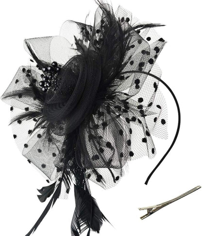 DRESHOW Fascinators Hat Flower Mesh Ribbons Feathers on a Headband and a Clip Tea Party Headwear for Girls and Women - Colors A