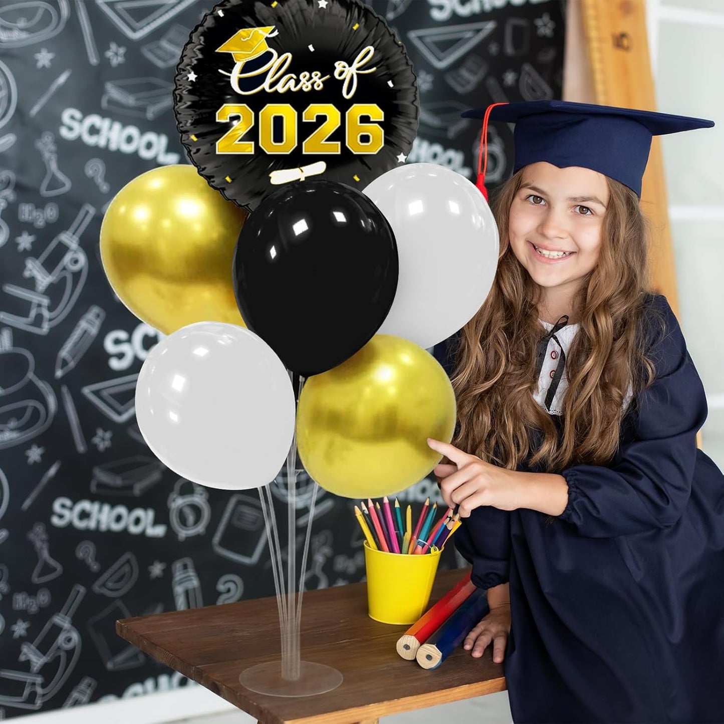 Graduation Decorations - 4 Set Balloon Stands, Class of 2026 Congrats Grad Table Centerpieces for Graduation Party Supplies(Gold& Black)