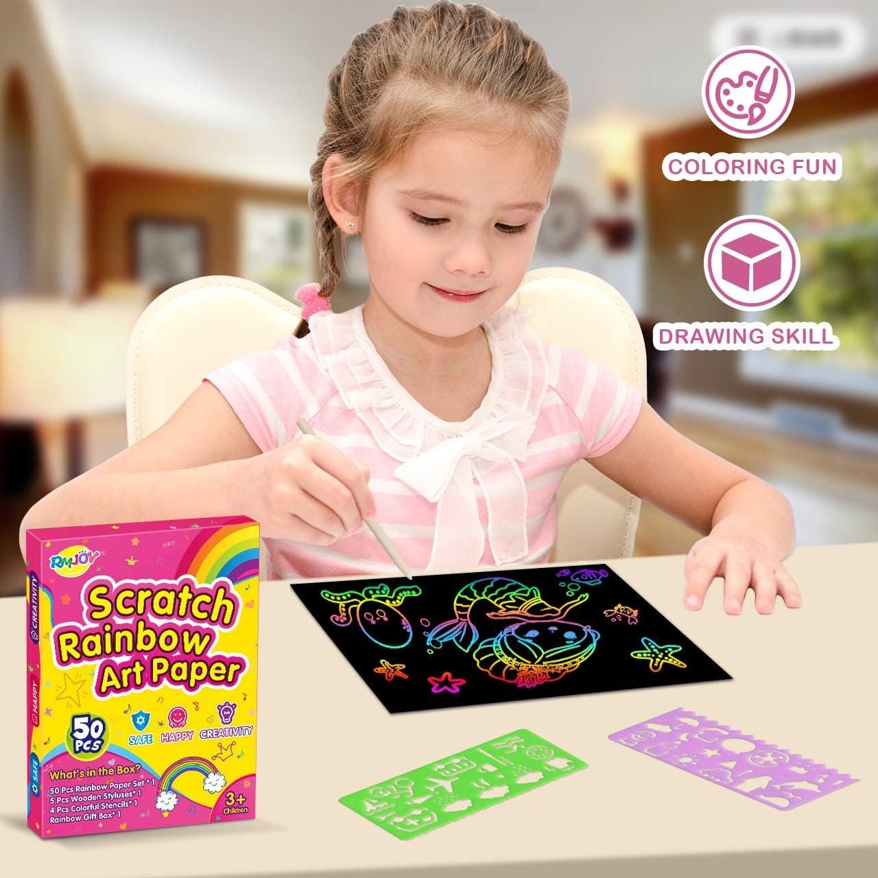 RMJOY Rainbow Scratch Paper Art for Kids: 50PCS Magic Arts Crafts Gifts Toys for Girls Boys Ages 3-12 Games Activities for Birthday Party Family Day Classroom Prizes Easter Basket Stuffers(Boys)