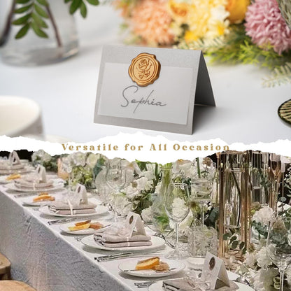 25 Pack Name Cards for Table Setting, Printable Place Cards with Antique Gold Rose Wax Seal Sticker for Wedding, Table Tent Card Stock Decor for Party, Dinner, Home(Pearlized Champagne Gold)