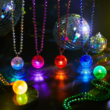 Sasylvia 12 Pcs LED Disco Ball Necklaces Light up Bead Necklaces 70s Disco Party Favors Glow in The Dark Bead Jewelry Costume Accessories for New Year Party Dance Supplies(Silver, Colorful)