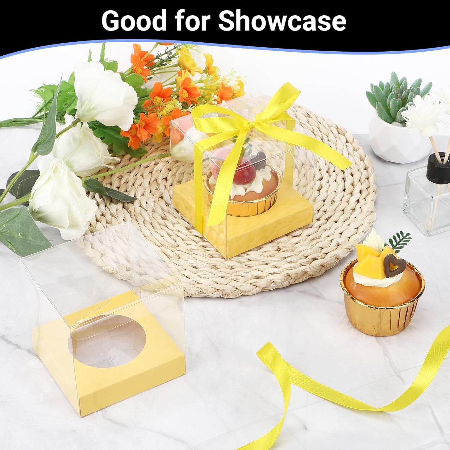 EUSOAR Individual Cupcake Holder, 50pcs 3.5 Inch Plastic Black Cupcake Containers with Lids, Single Transparent Display Clear Cupcake Carrier with Ribbon and Inserts for Wedding Party Favor