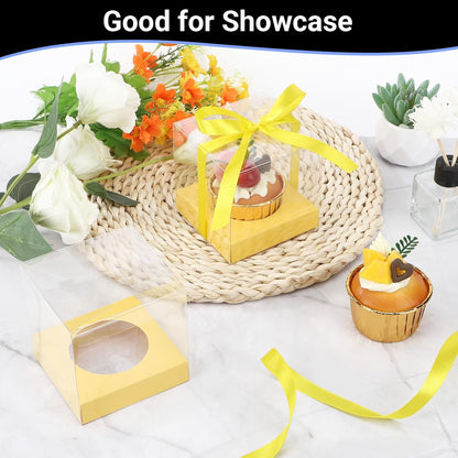 EUSOAR Individual Cupcake Holder, 50pcs 3.5 Inch Plastic Black Cupcake Containers with Lids, Single Transparent Display Clear Cupcake Carrier with Ribbon and Inserts for Wedding Party Favor