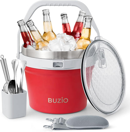 BUZIO 7 L Ice Bucket for Parties with Lid and Scoop & Tongs, Vacuum Insulated Stainless Steel Ice Buckets with Handle and Adjustable Shoulder Strap, Large Beverage Bucket for Cocktail Bar, Blue