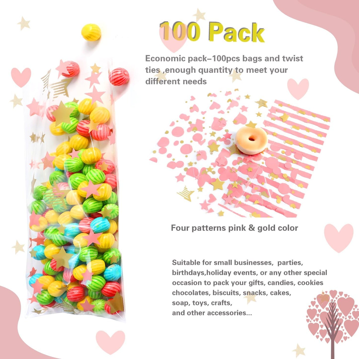 100 Pcs Star Printed 5"X 7" Gift Wrap Cello Cellophane Treat Bags Party Favor bags Clear Candy Cookie Bag Plastic Poly Goodie Storage Bag with Twist Ties for Bakery,Birthday, Wedding ,Party Decorations (Gold)