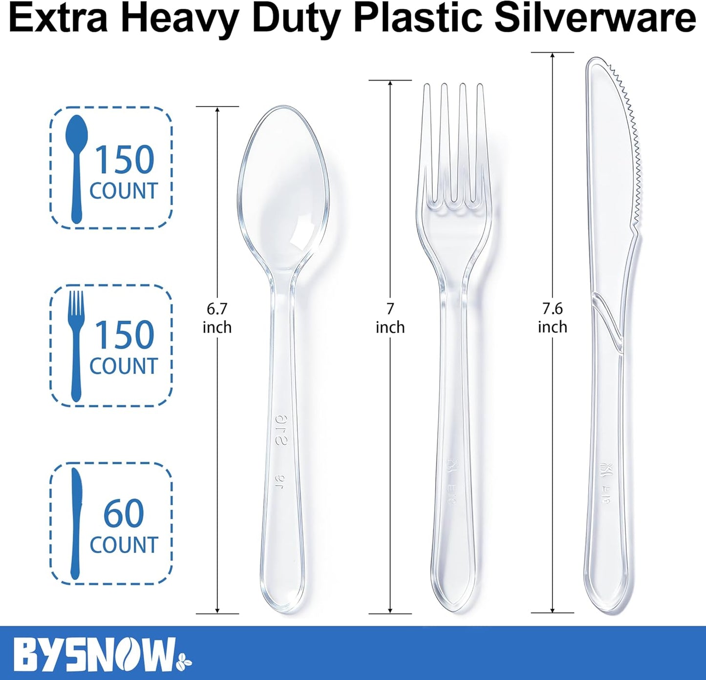 BYSNOW 360 Count Extra Heavy Duty Plastic Silverware, BPA-Free, Heat Resistant, Disposable Clear Plastic Utensils Set, Plastic Cutlery Set, Plasticware Bulk for Parties, Events and Everyday Use
