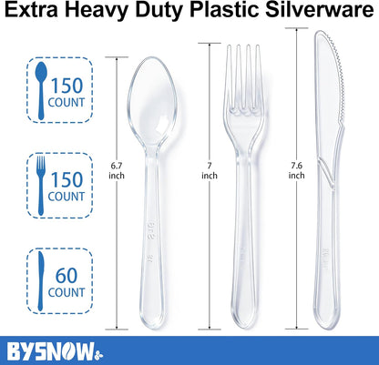 BYSNOW 360 Count Extra Heavy Duty Plastic Silverware, BPA-Free, Heat Resistant, Disposable Clear Plastic Utensils Set, Plastic Cutlery Set, Plasticware Bulk for Parties, Events and Everyday Use