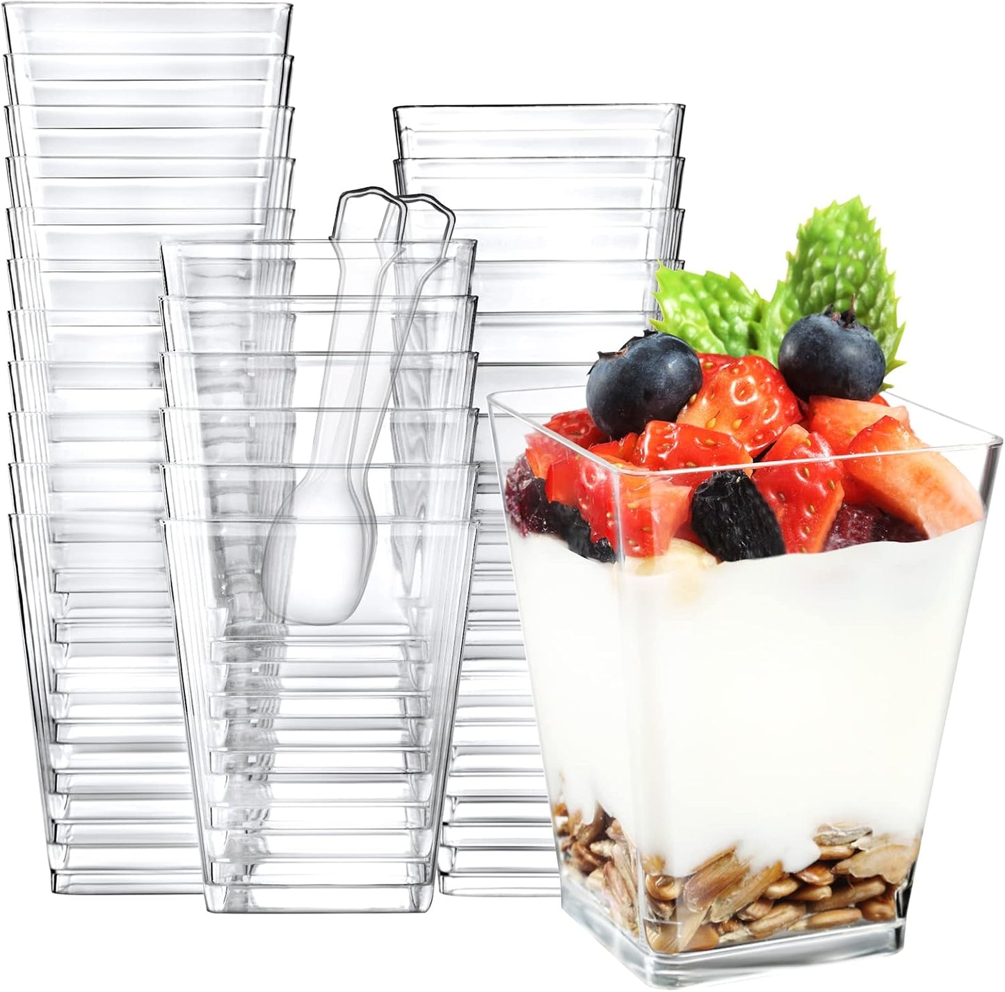 Eupako 100 Pack 5 oz Square Clear Plastic Dessert Cups with Spoons Small Clear Plastic Tumbler Cups Great for Desserts, Appetizers, Puddings, Mousse, Parfait