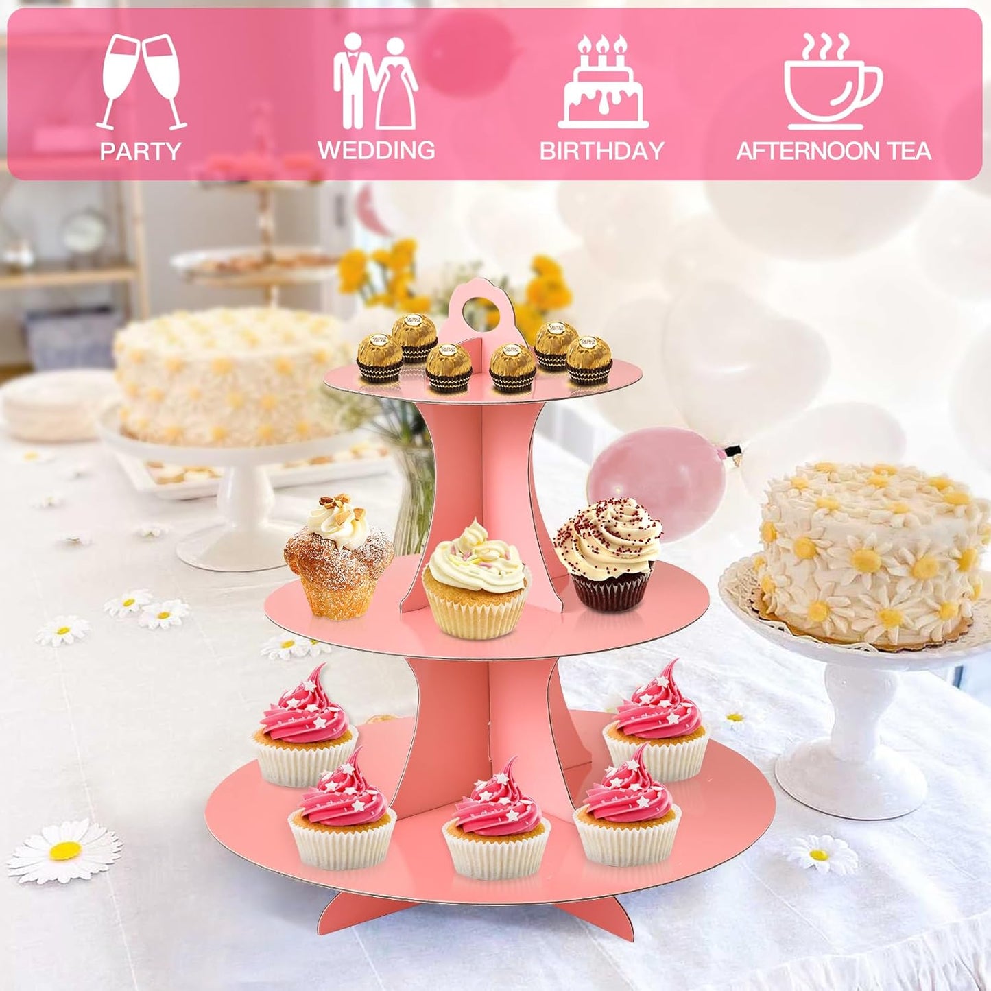 Soleebee 3-Tier Round Cupcake Stand, Cardboard Cupcake Tower, Dessert Cup Cake Stand Tower for Birthday Wedding Party Decoration, Cupcake Tier Stand 1 Set (Hot Pink)