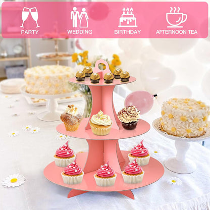Soleebee 3-Tier Round Cupcake Stand, Cardboard Cupcake Tower, Dessert Cup Cake Stand Tower for Birthday Wedding Party Decoration, Cupcake Tier Stand 1 Set (Hot Pink)