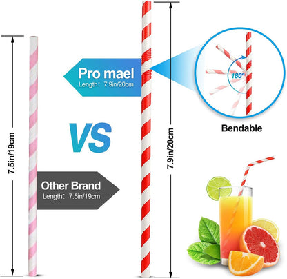 Pro Mael Paper Drinking Straws, Flexible Straws for Juices, Shakes, Smoothies, Disposable Straw for Birthdays, Weddings & Party (200 Pack, 5 Colors)