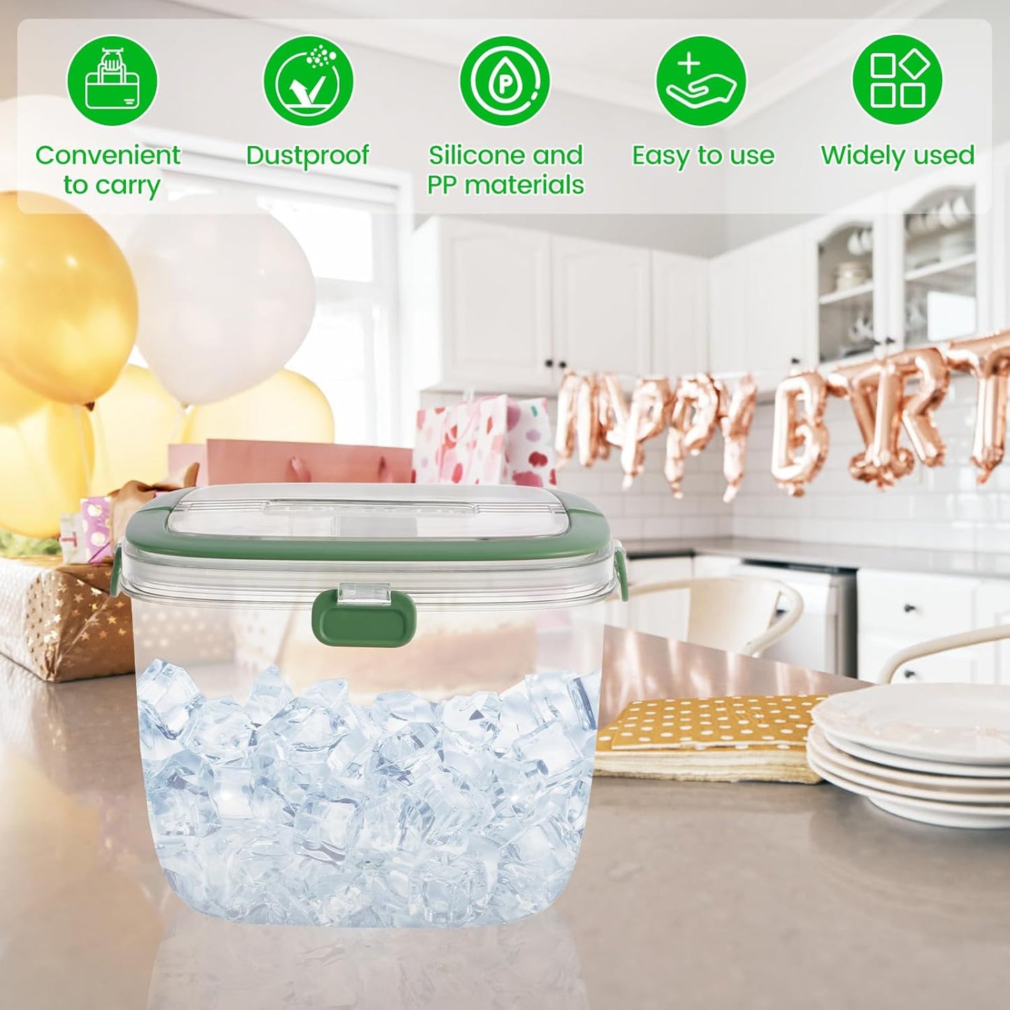 5L Portable Ice Cube Storage Bin, Clear Ice Bucket for Freezer with Lid & Tong for Outdoor Camping, Plastic Refrigerator Ice Cube Trays Storage Bin for Whiskey Wine Cocktail Party