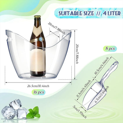 Cunhill 24 Pieces Plastic Clear Ice Bucket with Scoops Clear Acrylic Ice Tub Plastic Wine Bucket Party Beverage Chiller Bin Parties Tub for Wine Champagne or Beer (4 Liters)