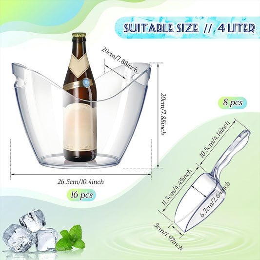 Cunhill 24 Pieces Plastic Clear Ice Bucket with Scoops Clear Acrylic Ice Tub Plastic Wine Bucket Party Beverage Chiller Bin Parties Tub for Wine Champagne or Beer (4 Liters)