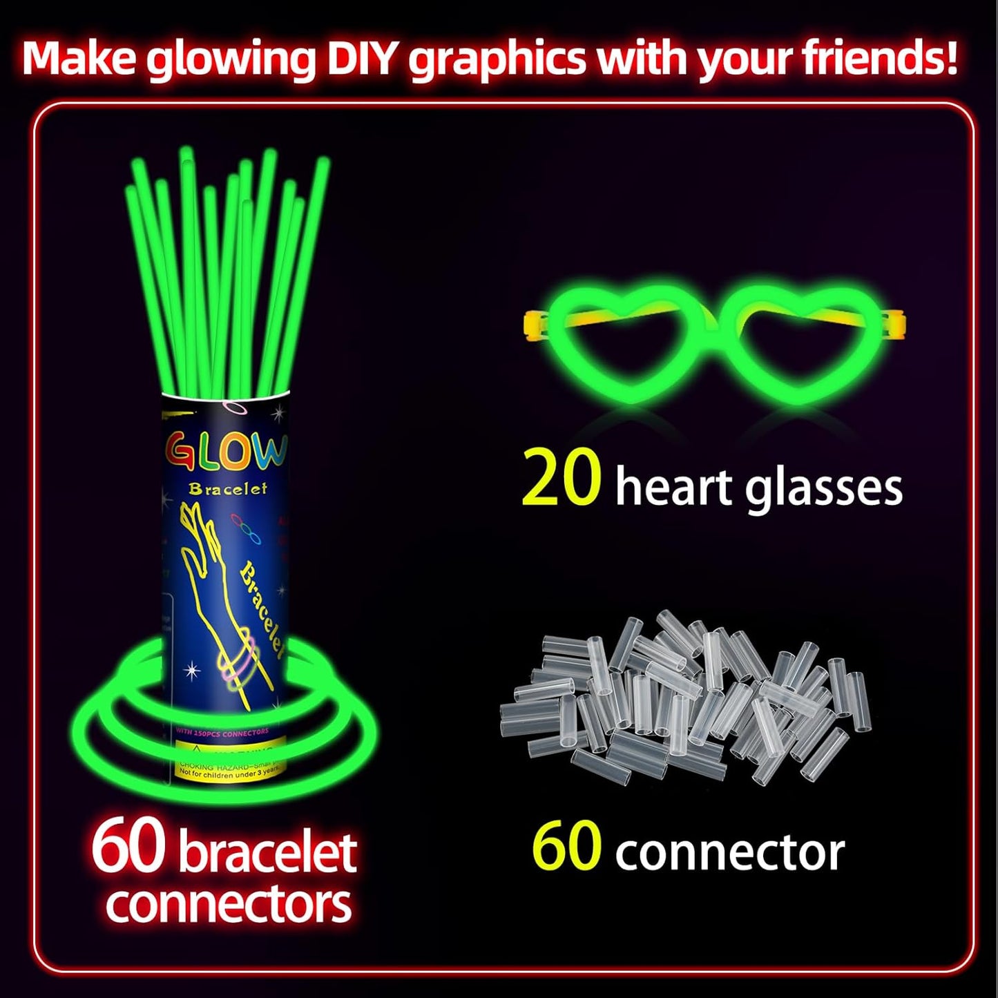 60 Pack 8” Purple Glow Sticks Bulk Bright Glow Sticks with 60 Connectors 20 Heart Glasses Glow In The Dark Party Supplies Neon Party Decorations Glow Bracelet Glasses for Carnival (Purple)