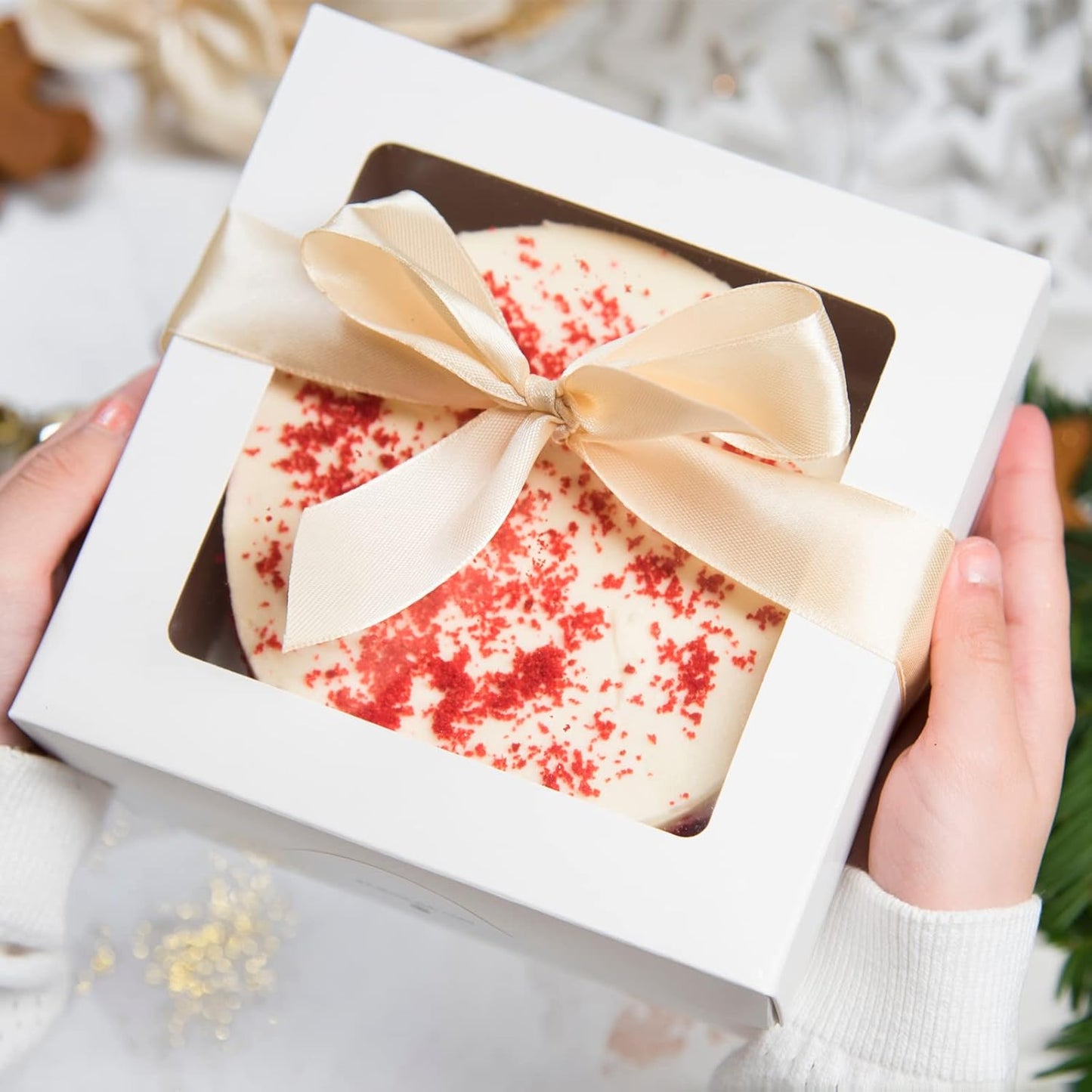 Moretoes 24pcs Cake Boxes, 10x10x5 Inches White Square Bakery Boxes with Window Cajas Pasteles for Cake, Mother's Day, Pastries, Chocolates, Cookies, Pie, Birthday Party, Wedding, Graduation