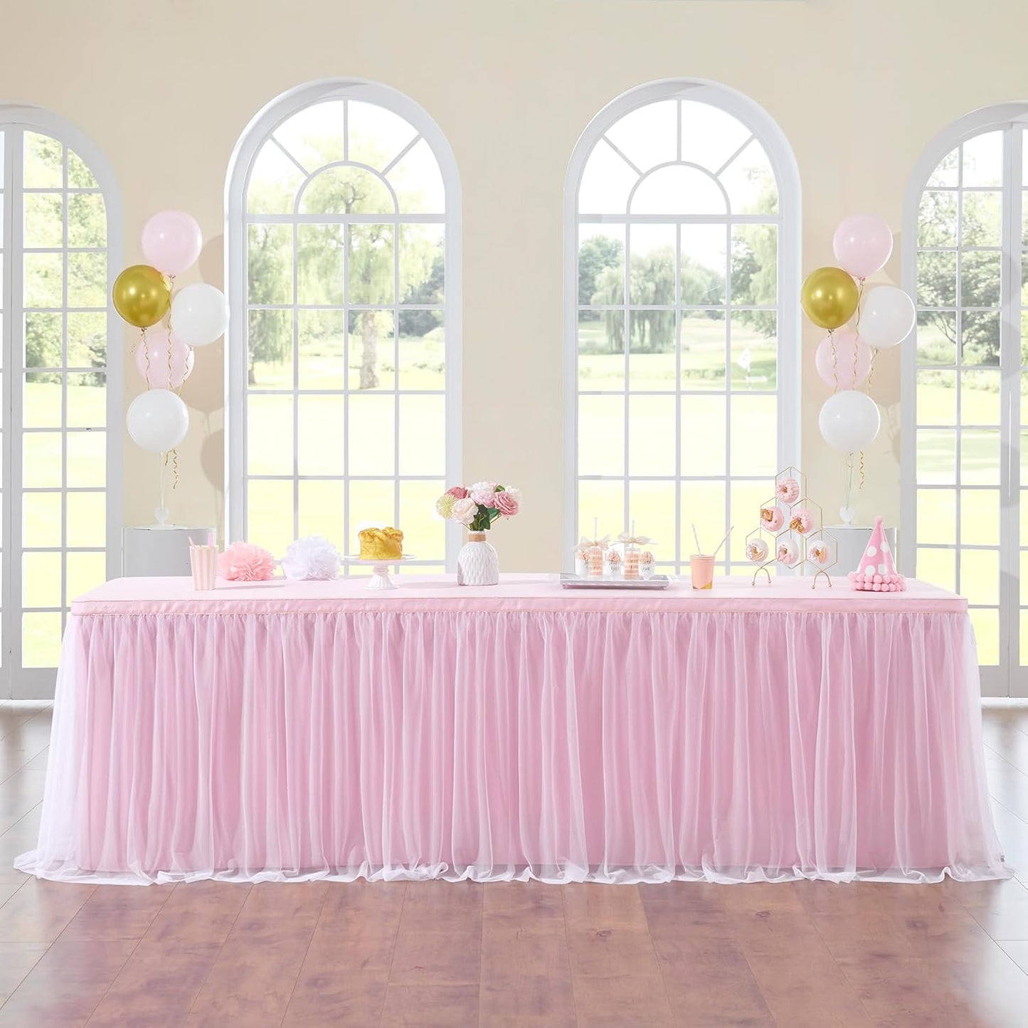 72inch Champagne Gold Tulle Table Skirts for Rectangle Round Tables, Gold Grim Ruffle Tulle Tutu Cloth Table Skirt 6ft for Wedding Birthday Party Cake Dessert Decor(No Top Cover)