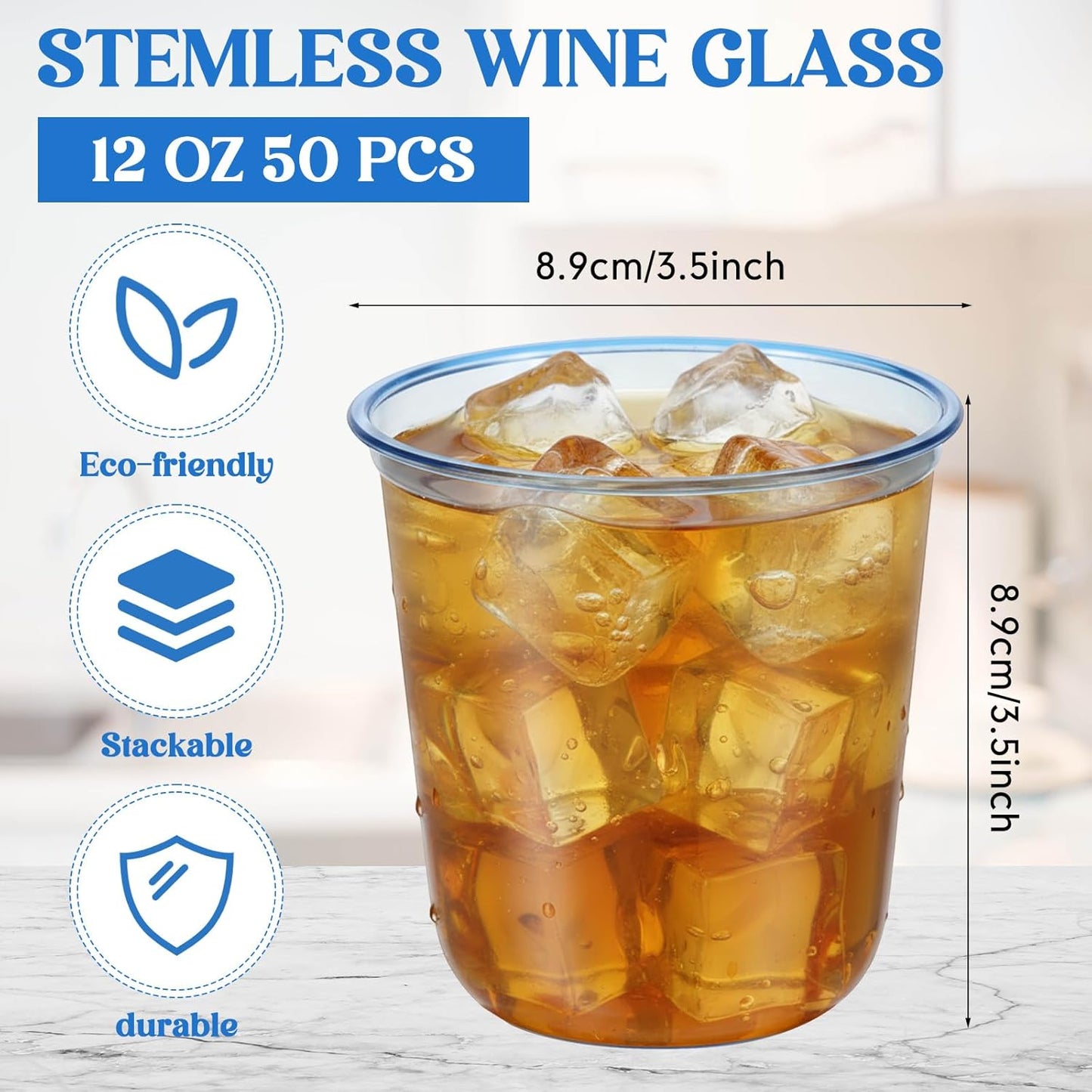 Ziliny 50 Pcs Disposable Stemless Glasses 12oz Crystal Plastic Wine Glasses Clear Classic Pet Cup for Meeting Weddings Birthdays Cocktail Christmas Party Supplies (Pink)