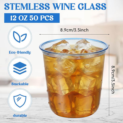 Ziliny 50 Pcs Disposable Stemless Glasses 12oz Crystal Plastic Wine Glasses Clear Classic Pet Cup for Meeting Weddings Birthdays Cocktail Christmas Party Supplies (Pink)