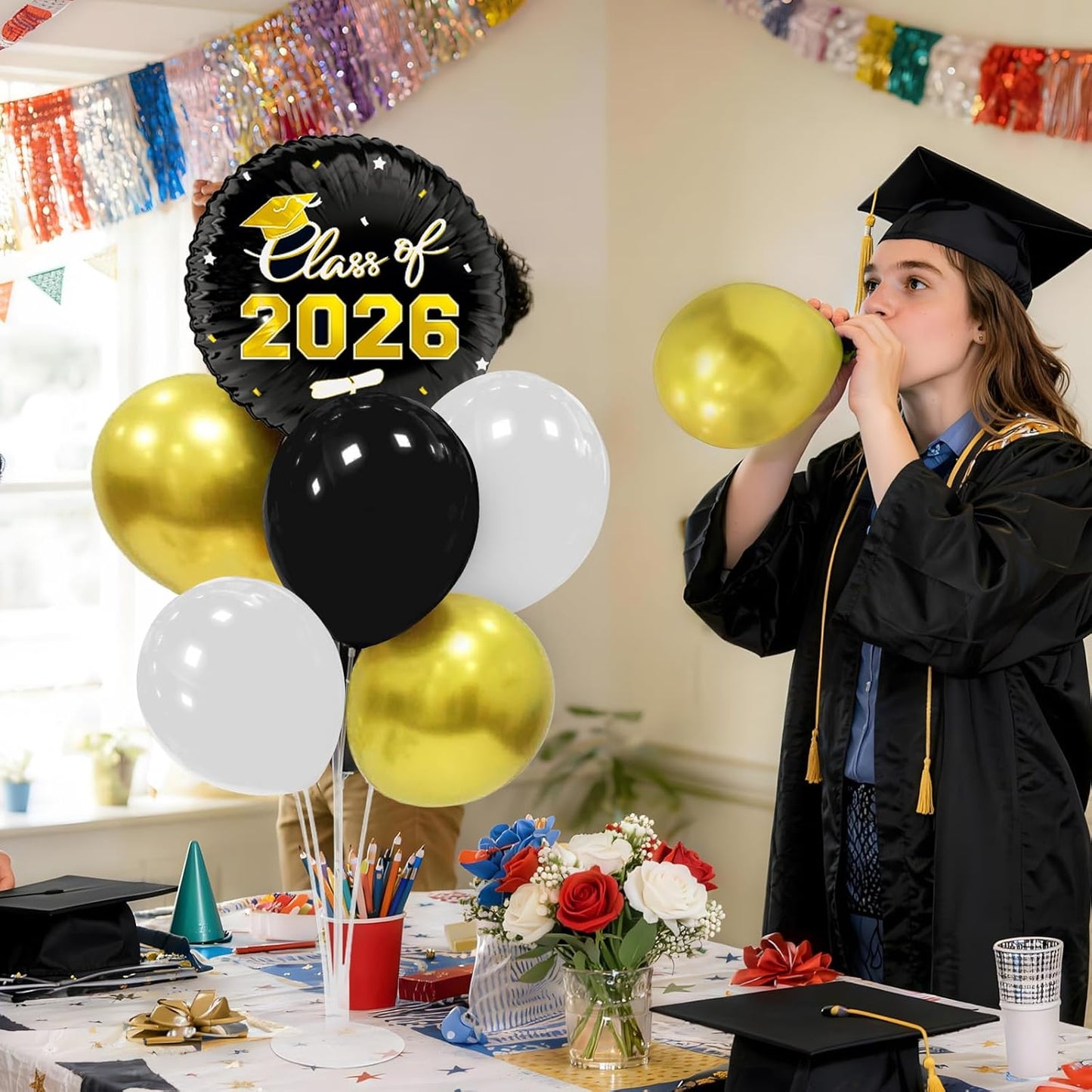 Graduation Decorations - 4 Set Balloon Stands, Class of 2026 Congrats Grad Table Centerpieces for Graduation Party Supplies(Gold& Black)