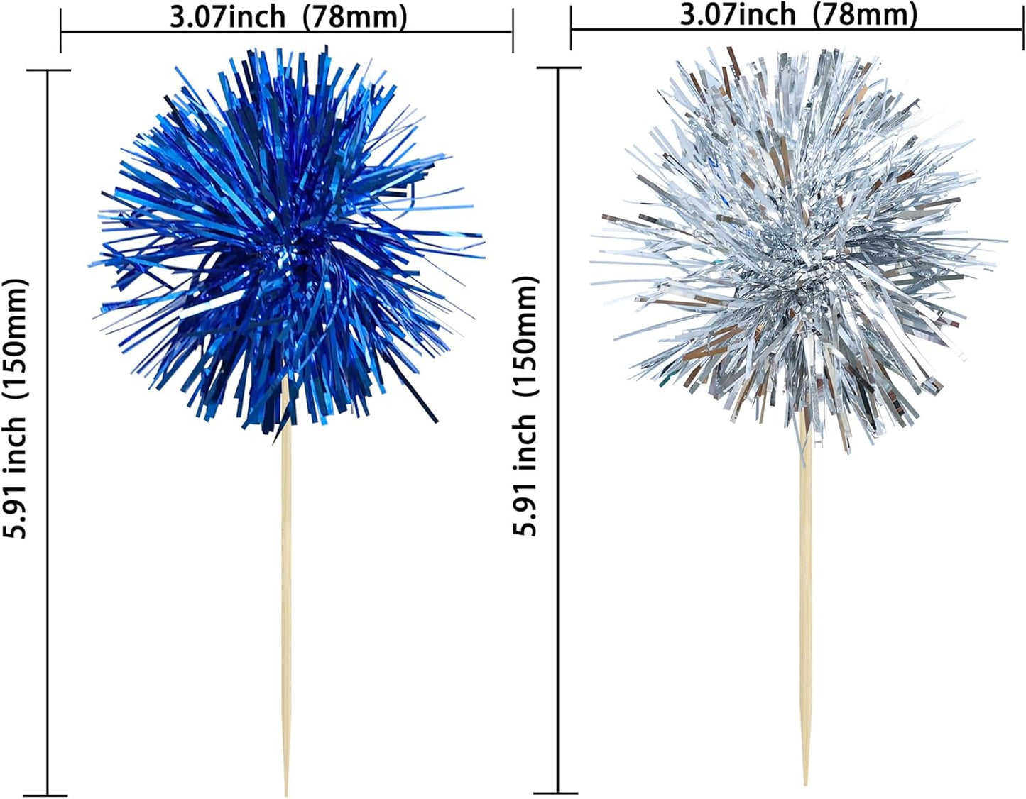 Ephlyn 30Pcs Foil Firework Cupcake Toppers Sparkle Tinsel Cupcake Picks Drink Stirrers Cocktail Food Fruit Toothpicks for Baby Shower Graduation Party Supplies White