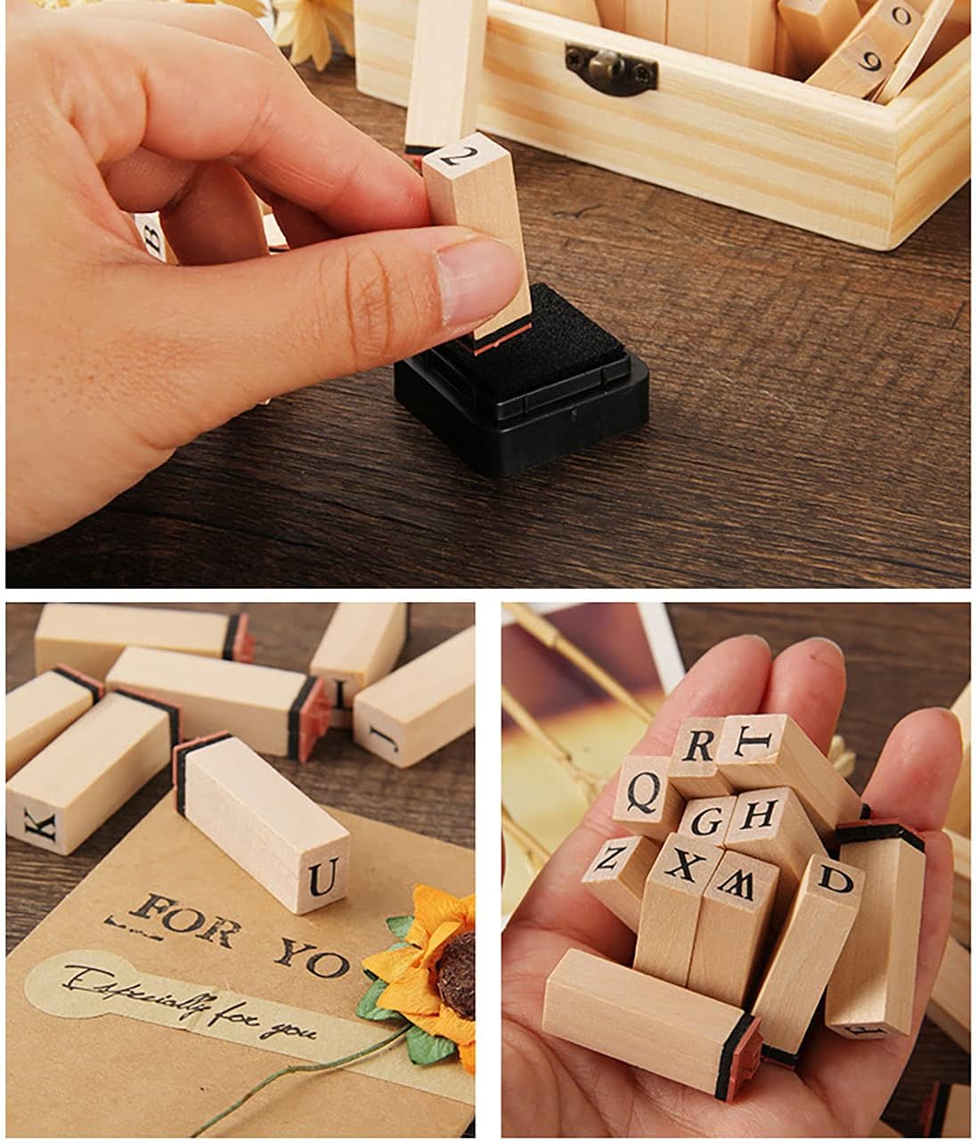 Pack of 36 Pcs Small Wooden Rubber Stamps 0.2 Inch of Letter and Number for DIY Craft Card and Photo Album (B)