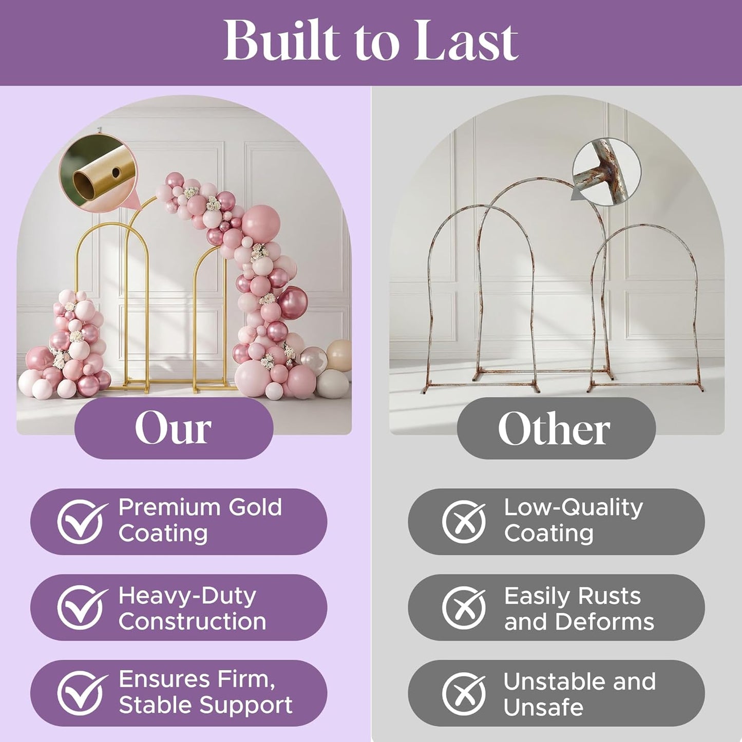3 Pack Gold Metal Arch Backdrop Stand Set - 6FT, 5FT, 4FT Balloon Stand for Weddings Ceremony, Parties, and Baby Showers - Door Frame Backdrop Stand