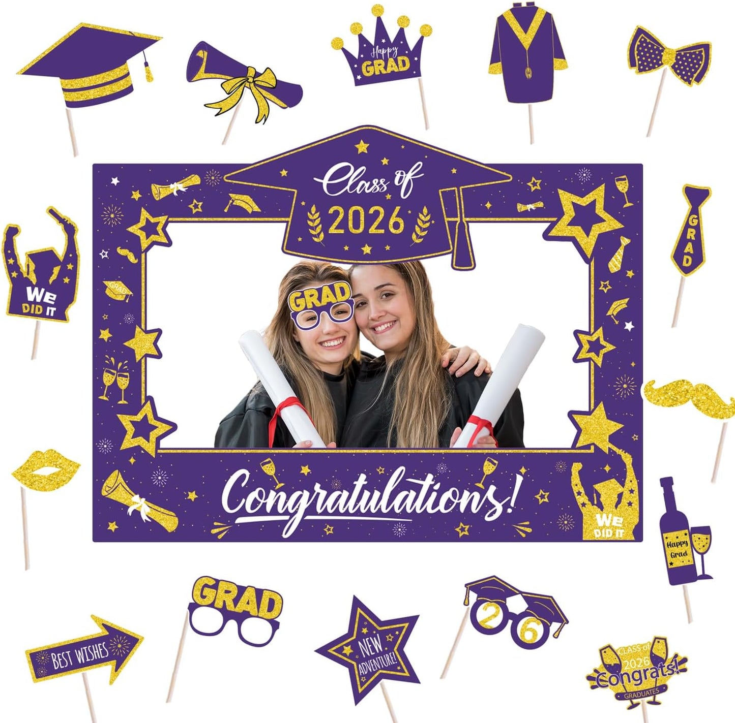 Graduation Decorations Class of 2026 Photo Booth Props - Blue and Gold 2026 Graduation Frame & Photo Props Congrats Grad Class of 2026 Decor for Graduation Party Supplies