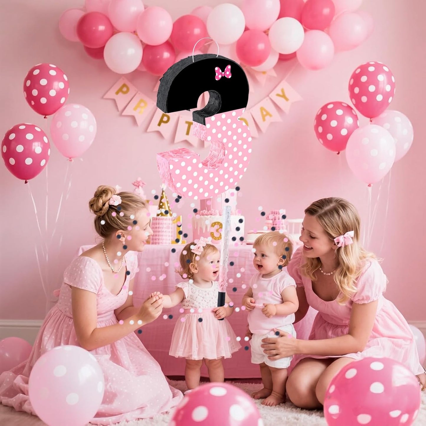 15.7 x 11.5 x 3 Inch Pink Bow Number 2 Pinata,Pink Bow Birthday Decorations, Fillable Hanging Piñata with Stick Blindfold Confetti for Girls Boys 2nd Anniversary Party Decorations