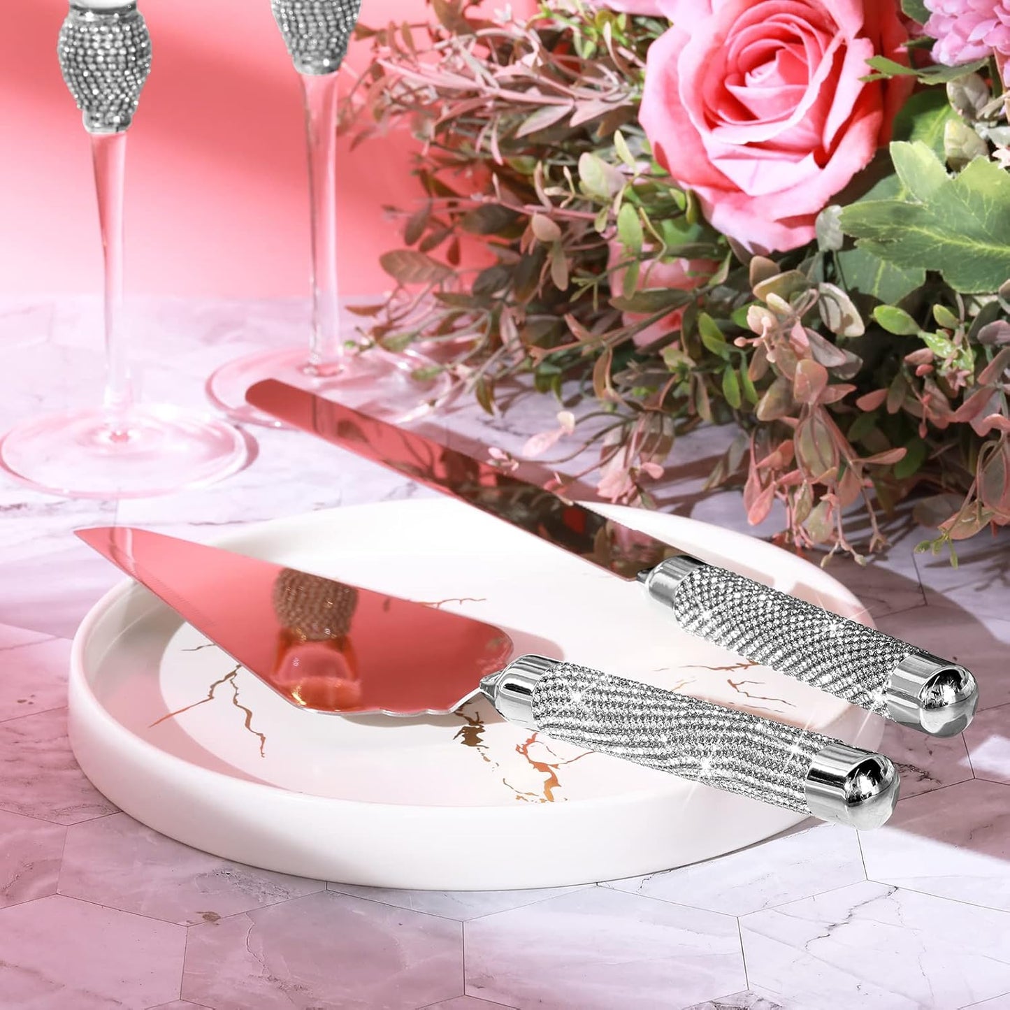 Boao 4 Piece Mr and Mrs Champagne Flutes and Cake Knife Server Set Crystal Wedding Toasting Flutes Rhinestone Cake Cutting Set for Bride and Groom Wedding Engagement Bridal Shower Gifts(Silver)