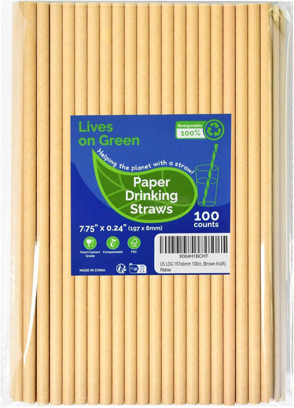 Disposable Paper Straws Solid Green - 7.75'' x 0.24'', 100 Counts - for Drinking, Beverage, Juice, Soda, Bar Supplies