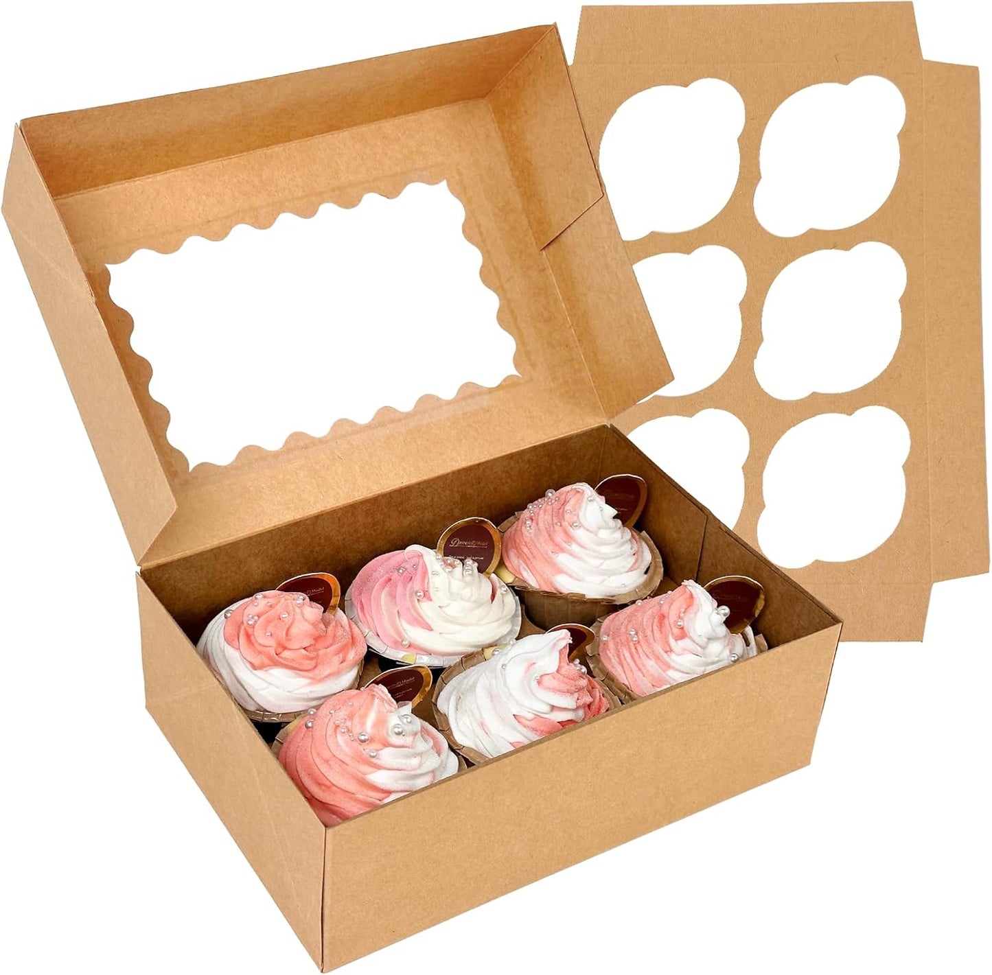 Bakepacker Auto-pop up 6 Cupcake Boxes with Window 20 Count Pink Box 9.4 x 6.1 x 3 inch Cupcake Carrier