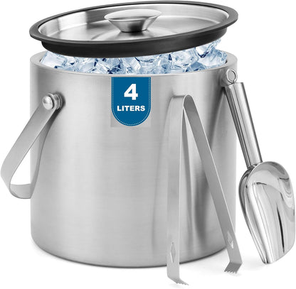 Portable Ice Buckets for Parties,3 Liter Double Wall Ice Bucket with Lid,Scoop,Tongs,Handle,Stainless Steel Ice Container to Keep Ice Frozen Longer- Ideal for Cocktail Bar,Camping,Chilling Beer/Wine