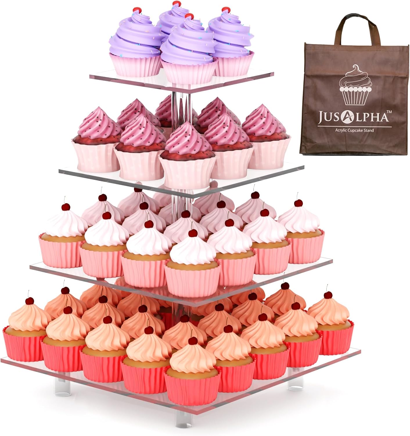 Jusalpha Large 4 Tier Cupcake Stand Square Acrylic Cupcake Tower Stand for Dessert, Pastry, Serving Platter-Candy Bar Party Décor and Supply(with Rod Feet) (4SF-V2)