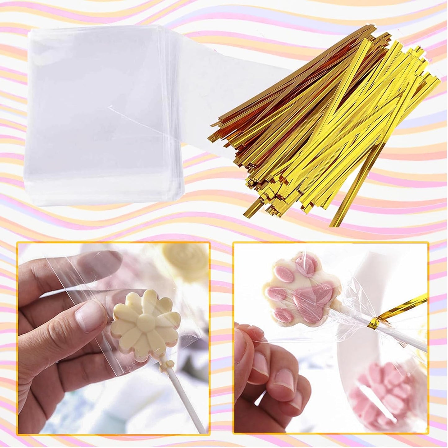 Lollipop Cake Pop Treat Bag Kit, Including 100Pcs Cake Pop Sticks, 100Pcs Parcel Bags, 100Pcs Twist Ties and 1 Cake Pop Mold, Cake Pop Maker Tools for Lollipops, Candies, Chocolates, Cookies