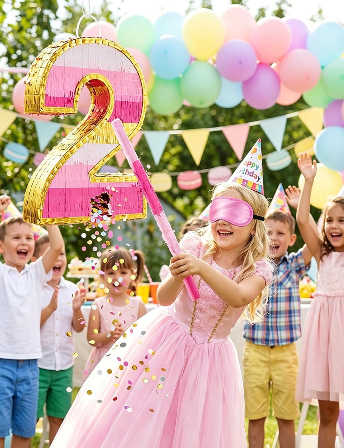 Number 5 Piñata with Stick, Blindfold & Confetti-Pink Piñata for Birthday Parties, Complete Party Game Set for Kids Girls-Gradient Pink Birthday Decor with Fillable Design(Small, 16.5 x 11.5 x 3 In)