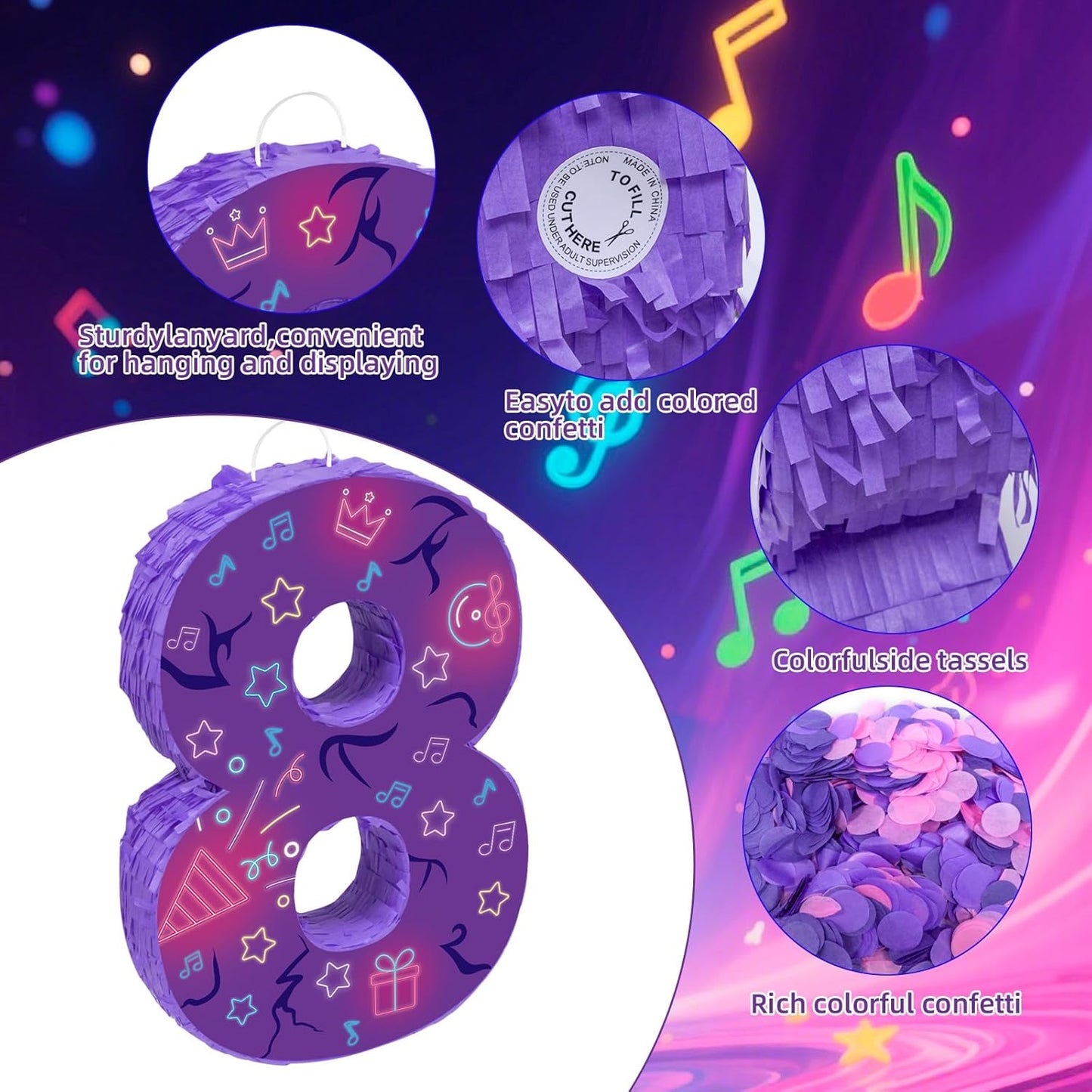 Musical Note Birthday Decorations, 15.7 x 11.5 x 3 Inch Purple Musical Note Number 7 Pinata with 16 Inch Piñata Stick Blindfold Confetti for 7th Music Theme Birthday Party Supplie
