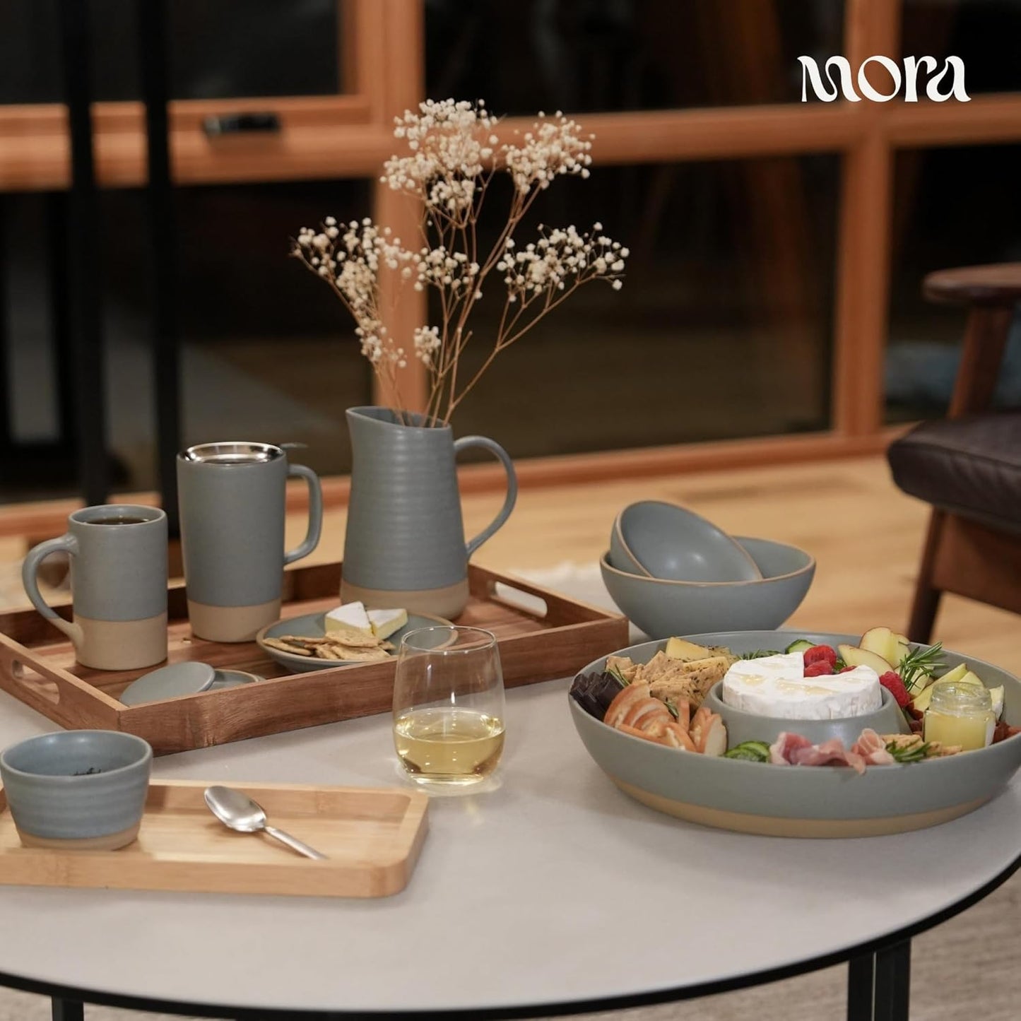 Mora Ceramic Chips and Dip Serving Tray: Large Divided Party Bowl Set for Chips & Salsa, Veggies & Dip, Fruit, Snacks, Entertaining, Hosting, etc. Minimalist Design for the Modern Hostess - White