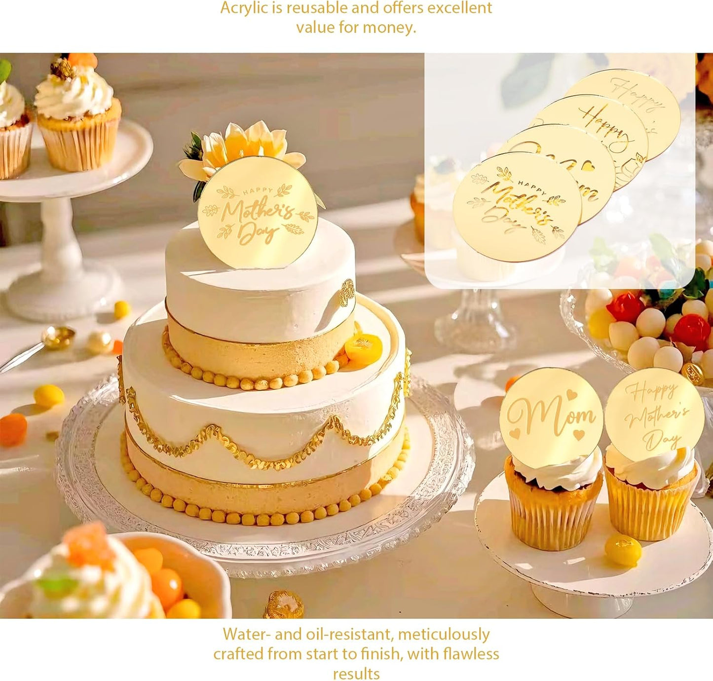 20pcs Gold Mirror Acrylic Happy Birthday Cupcake Toppers Round Engraved Cake Picks Happy Birthday Cake Toppers for DIY Birthday Gift Flower Bouquet Pastries Desserts Decor