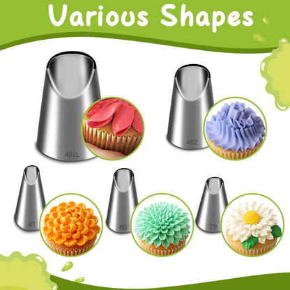 Suuker 5 Pieces Rose Flower Piping Tips Set,Stainless Steel Cake Decorating Tips, Frosting Icing Tips for Cupcakes, Cake, Cookie and Decorating（402L 402 79 80 81）
