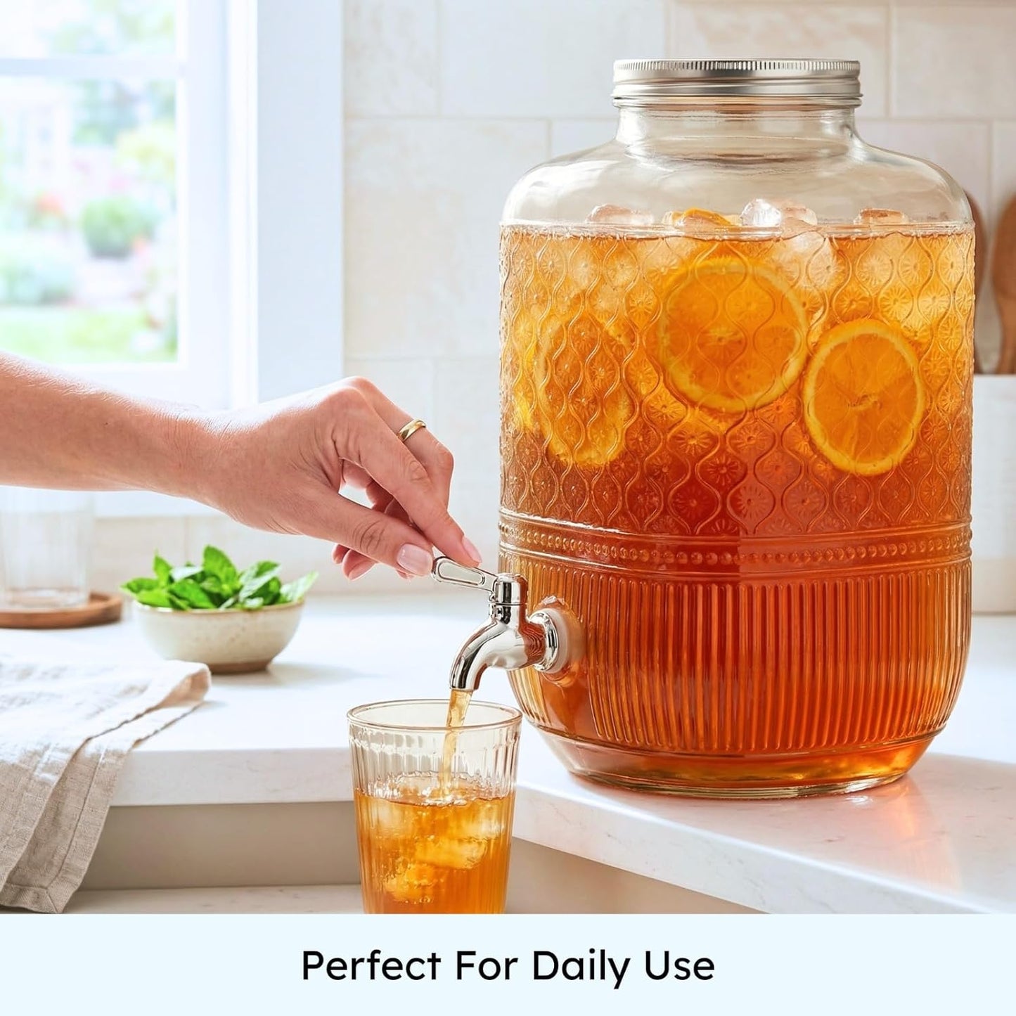 Godinger Drink Dispenser 2 Gallon, Large Glass Water Dispenser - (256oz) Blush